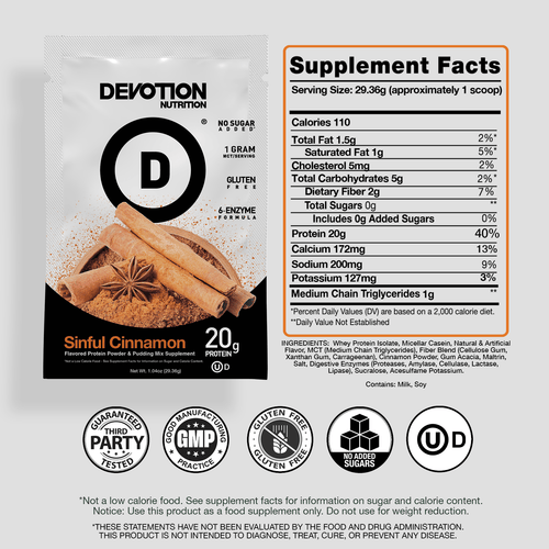 Supplement Fact Label, Ingredients List, Devotion Nutrition Sinful Cinnamon on a grey background with various certifications