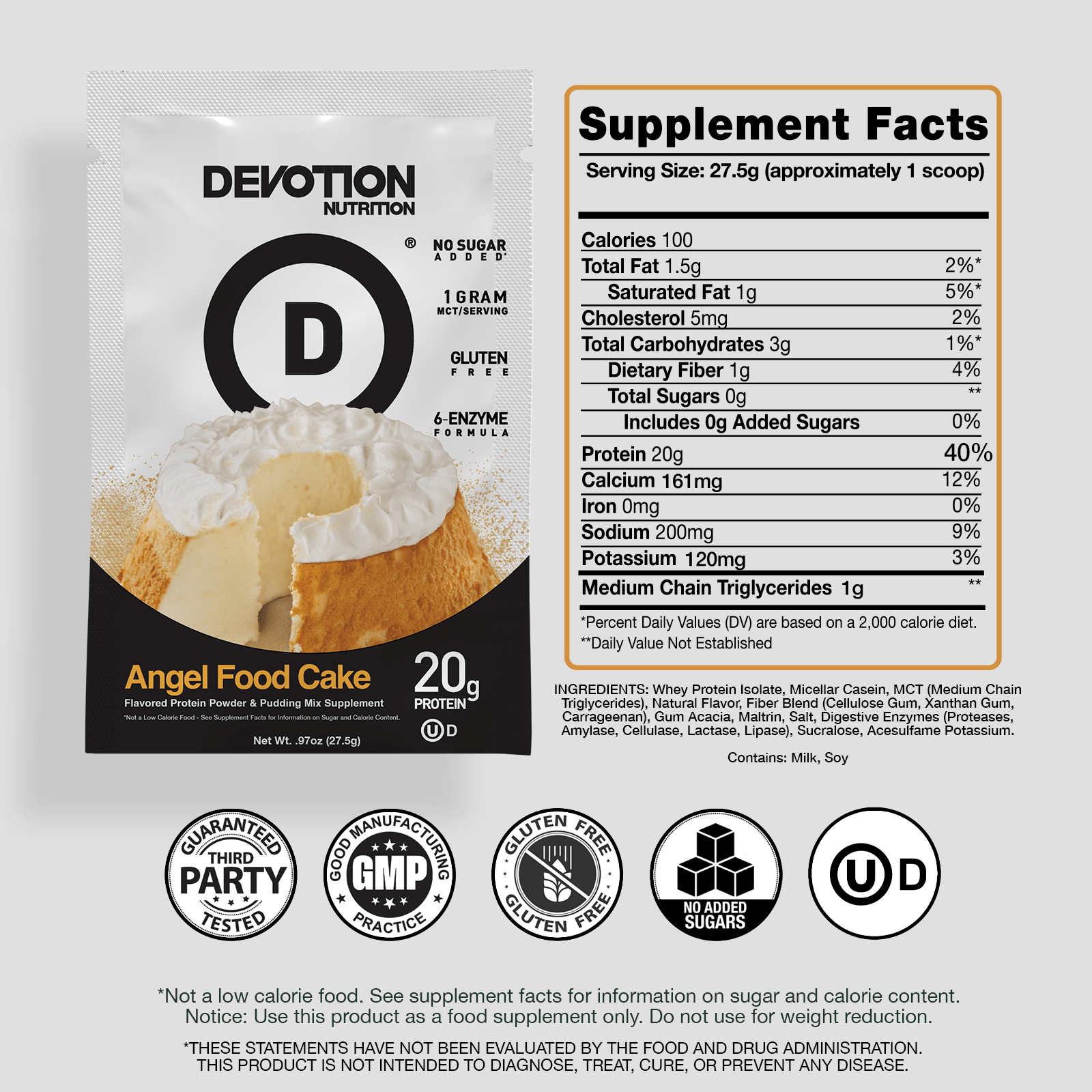 Supplement Fact Label, Ingredients List, Devotion Nutrition Angel Food Cake Vanilla Protein powder on a grey background
