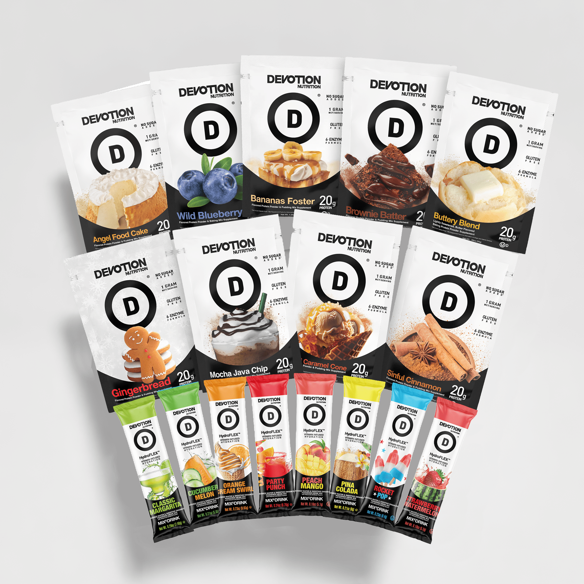 Devotion Nutrition, 9 Protein packets and 8 hydration stick packs, Totally Devoted Starter Pack 