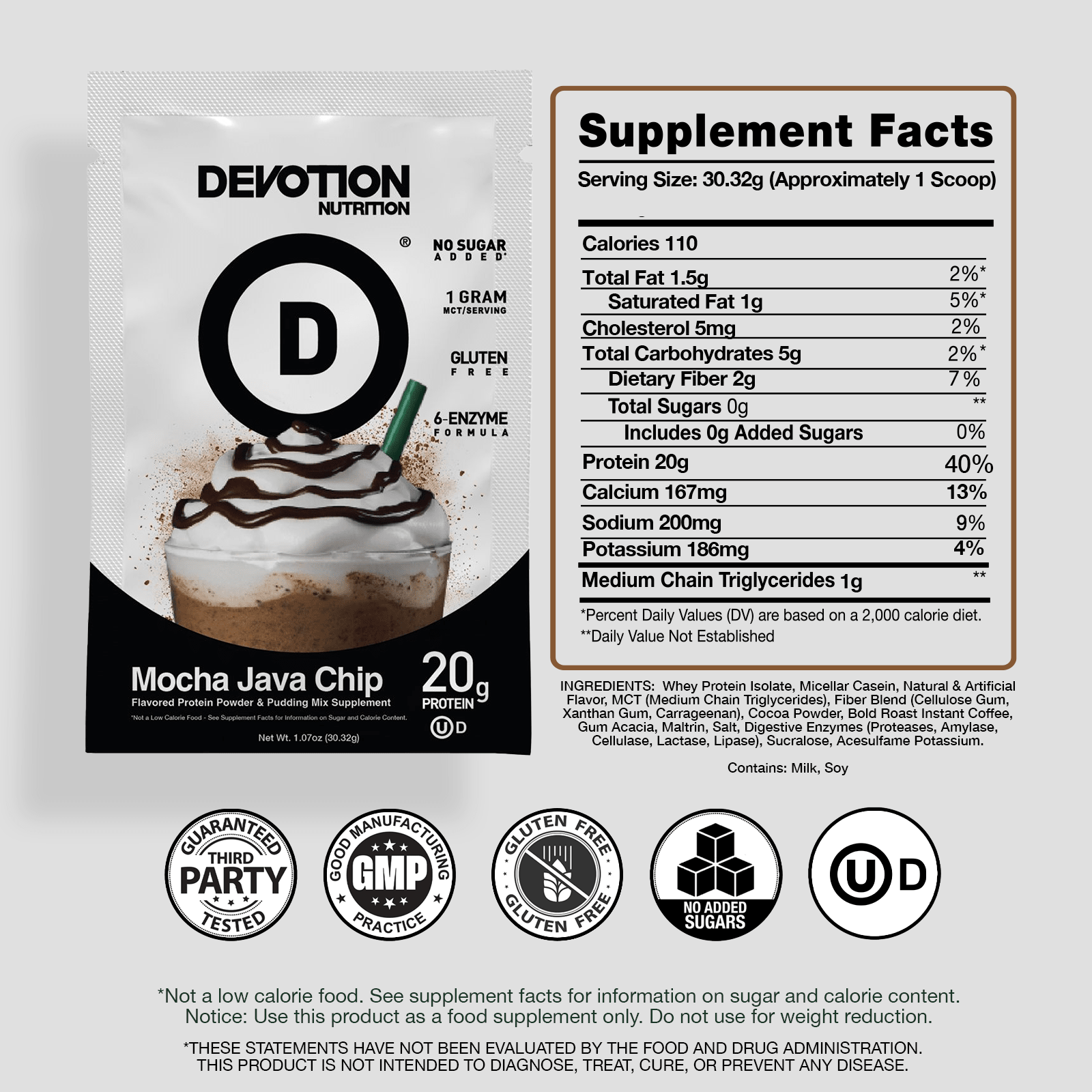 Supplement Fact Label, Ingredients List, Devotion Nutrition Mocha Java Chip flavored Protein powder on a grey background