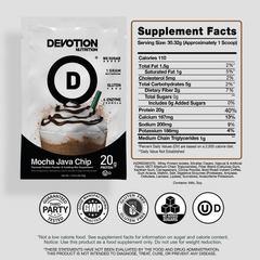 Supplement Fact Label, Ingredients List, Devotion Nutrition Mocha Java Chip flavored Protein powder on a grey background
