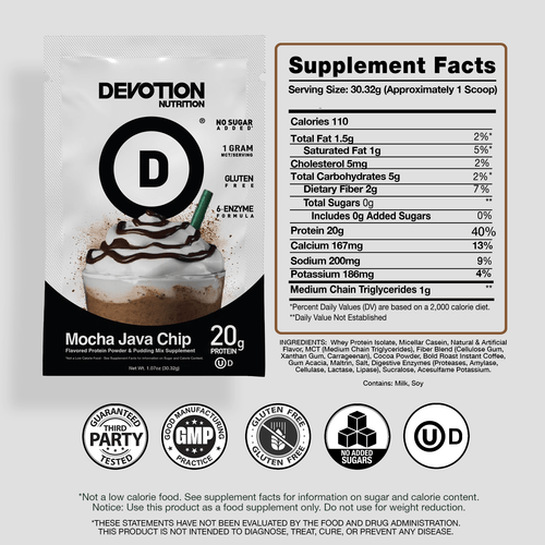 Supplement Fact Label, Ingredients List, Devotion Nutrition Mocha Java Chip flavored Protein powder on a grey background with various certifications