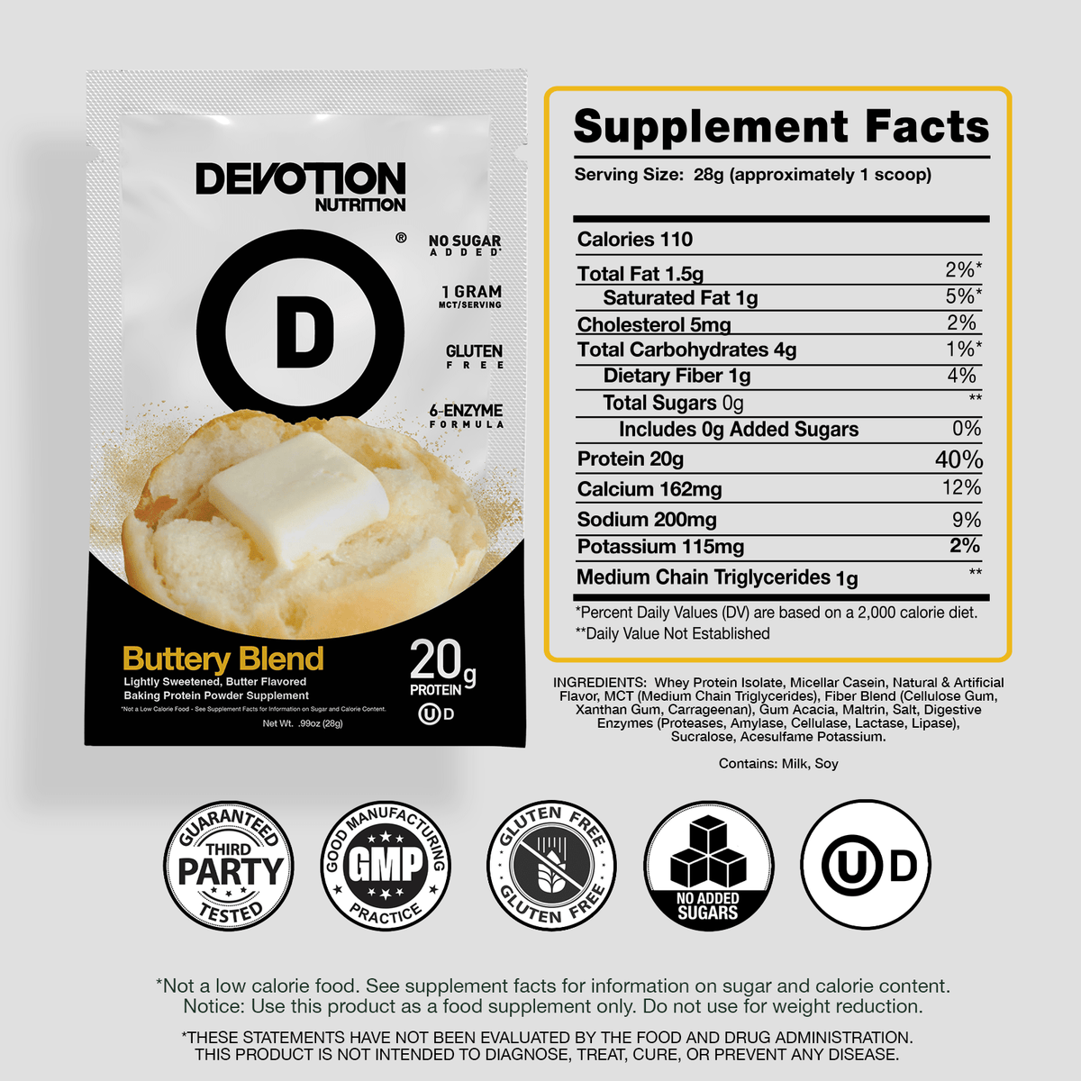 Supplement Fact Label, Ingredients List, Devotion Nutrition Buttery Blend Savory Baking Protein powder on a grey background with various certifications