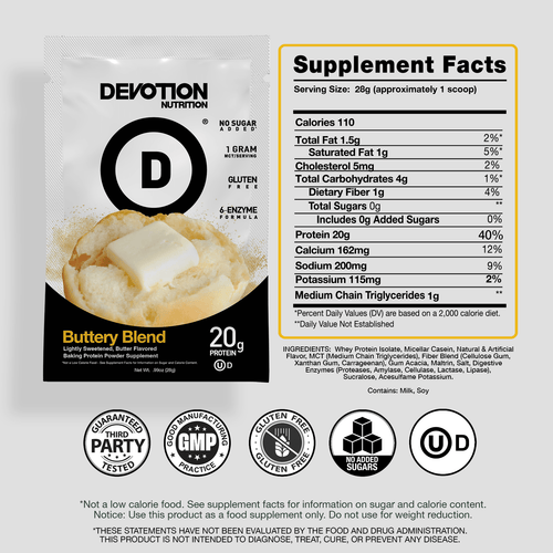 Supplement Fact Label, Ingredients List, Devotion Nutrition Buttery Blend Savory Baking Protein powder on a grey background