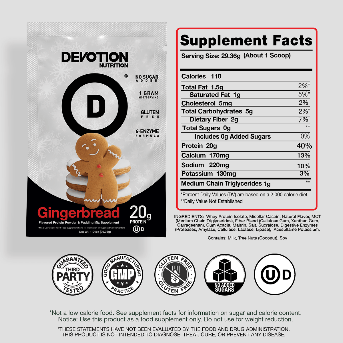 Supplement Fact Label, Ingredients List, Devotion Nutrition Gingerbread, Seasonal Flavor Protein powder on a grey background with various certifications