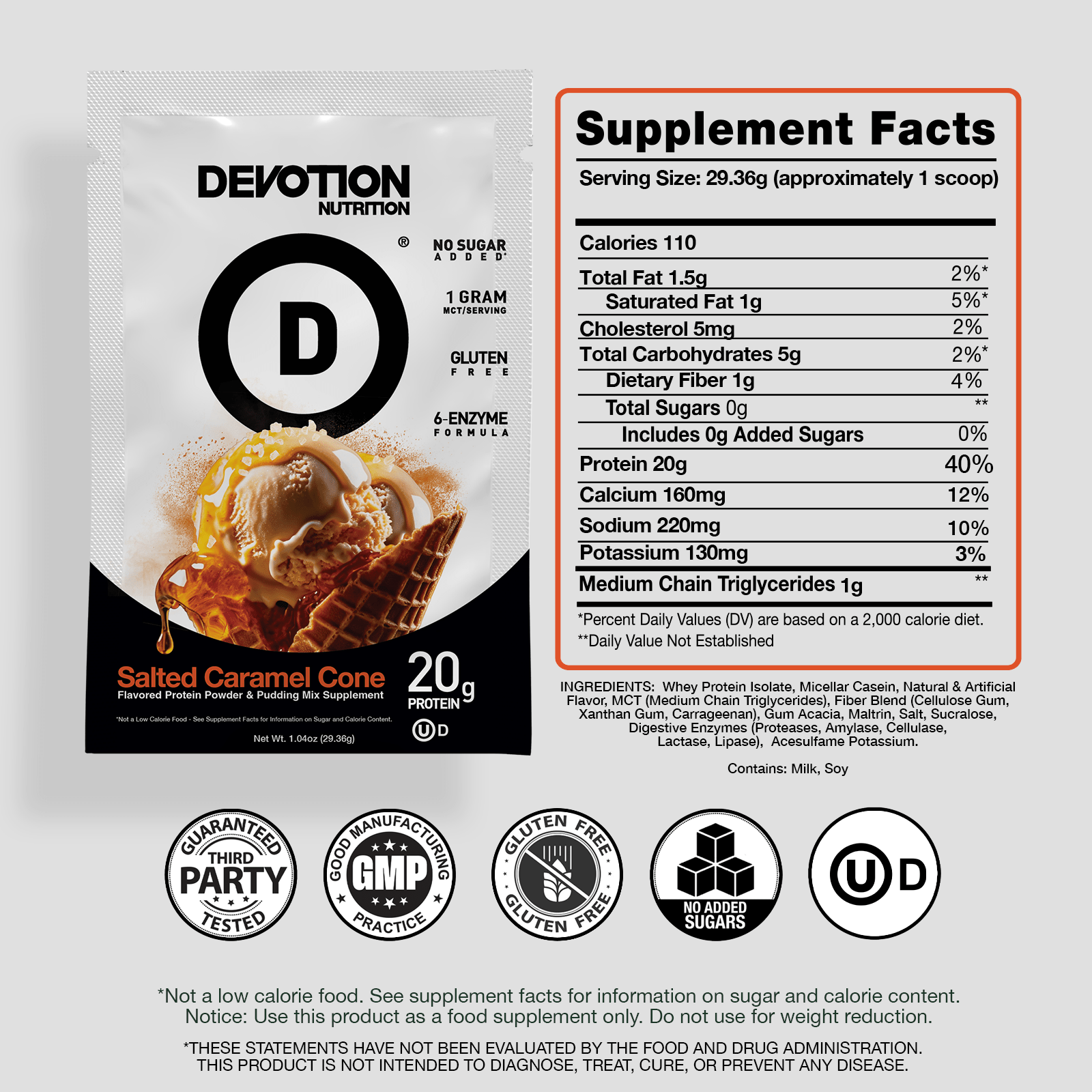 Supplement Fact Label, Ingredients List, Devotion Nutrition Salted Caramel Cone flavor Protein powder on a grey background