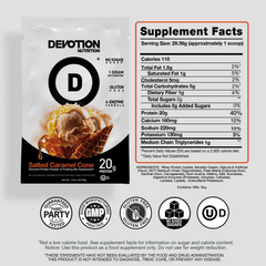 Supplement Fact Label, Ingredients List, Devotion Nutrition Salted Caramel Cone flavor Protein powder on a grey background