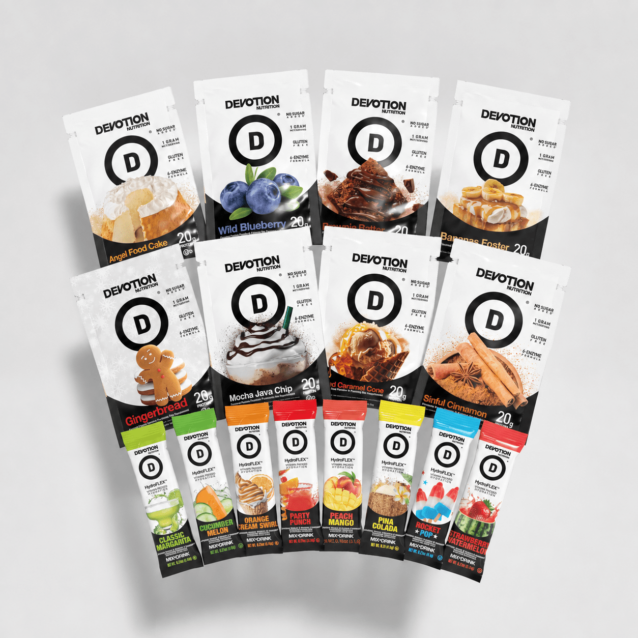 Devotion Nutrition's Starter Pack w/8 flavors of protein powder and 8 flavors hydration powder sticks on a grey background
