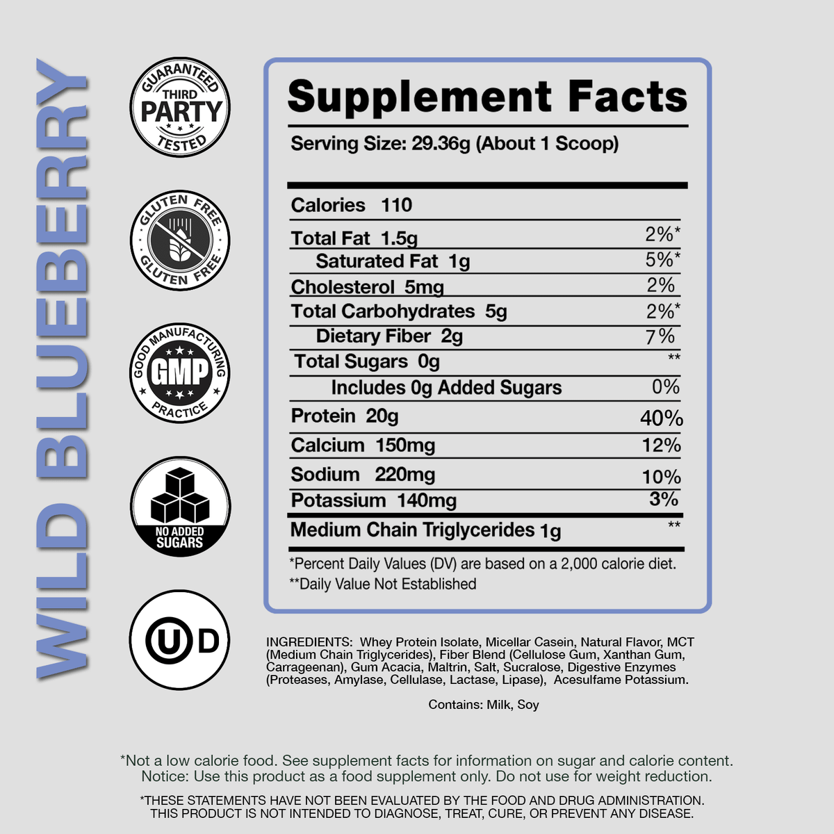Supplement facts label for Wild Blueberry protein product on a light gray background